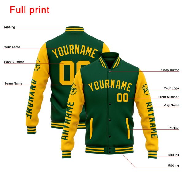 Benutzerdefinierte Varsity-Jacke. Letterman-Jacke für Männer, Frauen und Jugendliche Grün Gelb Online-Verkauf – Bild 4