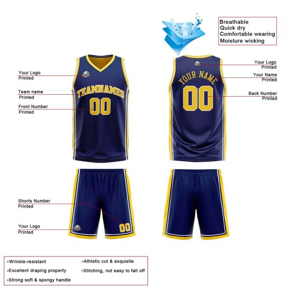 Benutzerdefinierte Marine Gelb Reversible Basketball Jersey Personalisierte Print Name Nummer Logo Zu verkaufen – Bild 4