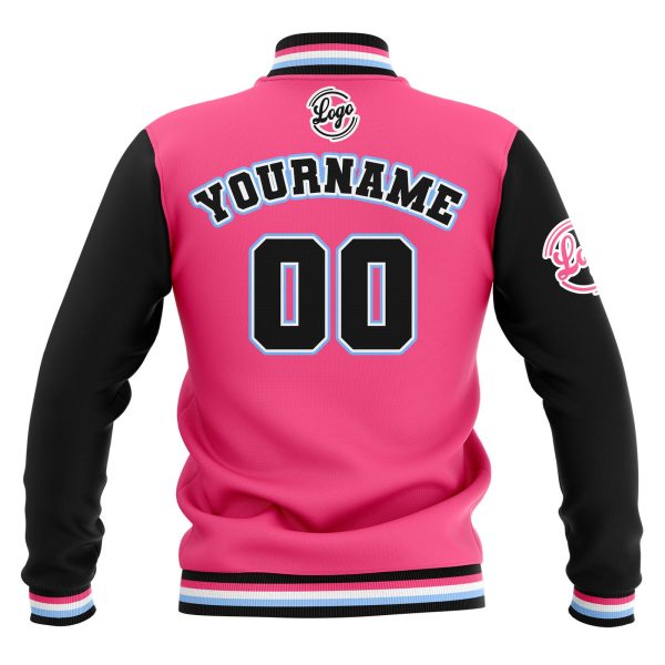 Benutzerdefiniert  Schwarz Rosa Hellblau Wasserdichte Varsity Jacken Personalisiert genäht Name Nummer Logo zu Letterman Jacken Angebot – Bild 3