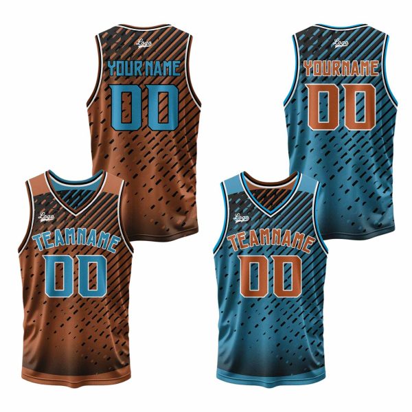 Benutzerdefinierte Braun Blau Reversible Basketball Jersey Personalisierte Print Name Nummer Logo Verkauf