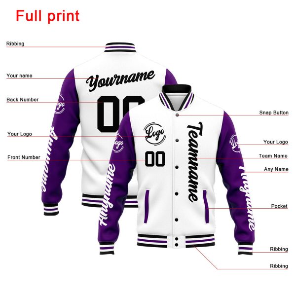 Benutzerdefinierte Varsity-Jacke. Letterman-Jacke für Männer, Frauen und Jugendliche Lila Weiß Mode – Bild 4