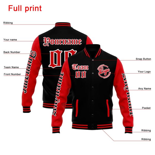 Benutzerdefinierte Varsity-Jacke. Letterman-Jacke für Männer, Frauen und Jugendliche Schwarz Rot Angebot – Bild 3
