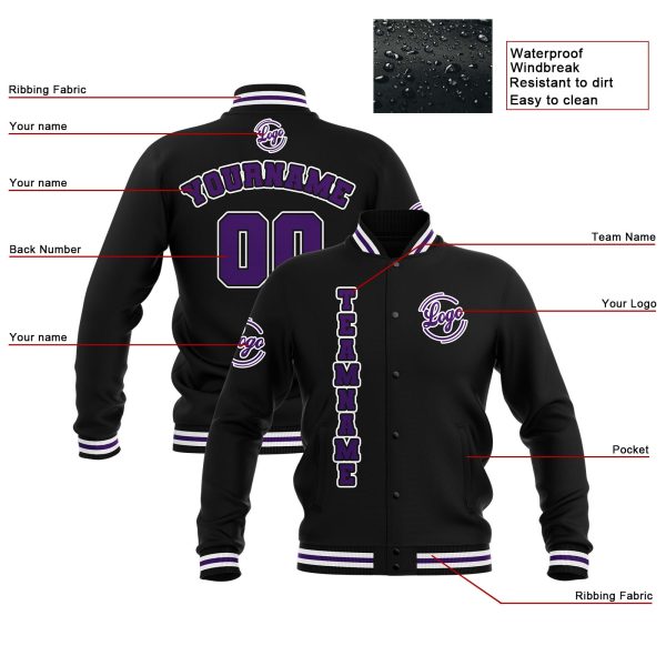 Benutzerdefiniert  Schwarz Lila Weiß Wasserdichte Varsity Jacken Personalisiert genäht Name Nummer Logo zu Letterman Jacken Schn?ppchen – Bild 4