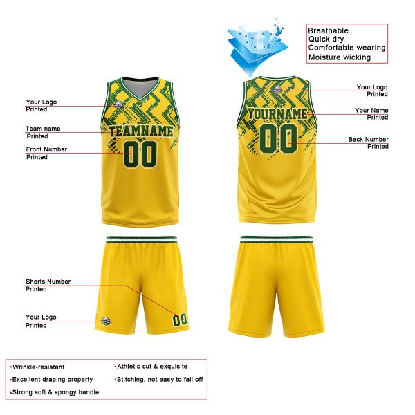Benutzerdefinierter Gelb Grün Basketball Jersey Uniform Anzug gedruckt Ihr Logo Name Nummer Angebot – Bild 3