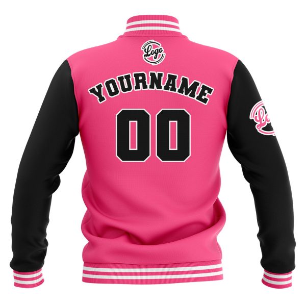 Benutzerdefiniert  Schwarz Rosa Weiß Wasserdichte Varsity Jacken Personalisiert genäht Name Nummer Logo zu Letterman Jacken Online – Bild 3