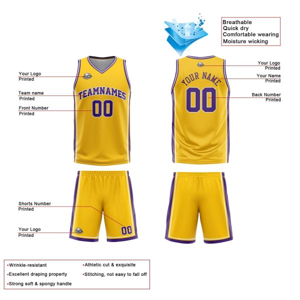 Benutzerdefinierte Gelb Weiß Lila Reversible Basketball Jersey Personalisierte Print Name Nummer Logo Online-Schn?ppchen – Bild 4