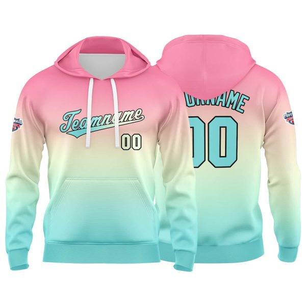Benutzerdefinierter Verlauf Hoodie für Mann, Frau, Mädchen, Junge. Drucken Sie Ihr Logo, Ihren Namen und Ihre Nummer Pulver Hellblau Im Angebot